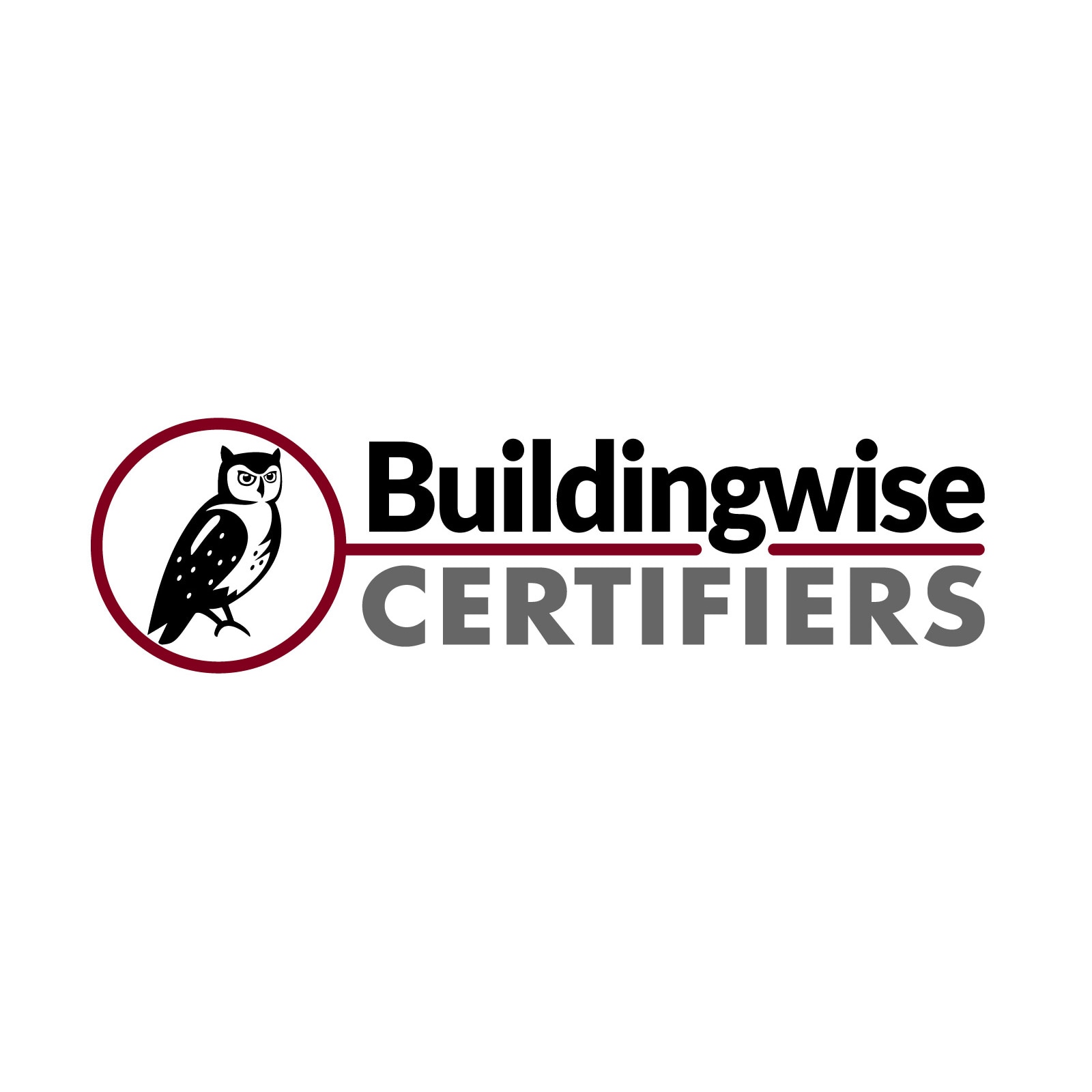 A black and white Owl is seen through the Private Certifier's magnifying glass. The word "Buildingwise" sits above the handle line and the word "Certifiers" is below the handle line. 