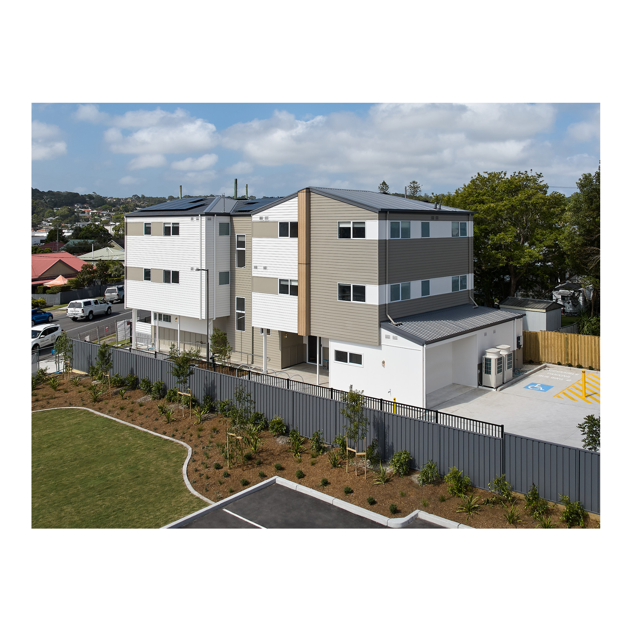 Aerial view, 2 boarding houses, 1 large building, south corner view, Construction Certificate (CC), Class 1b, Buildingwise Private Certifiers Newcastle