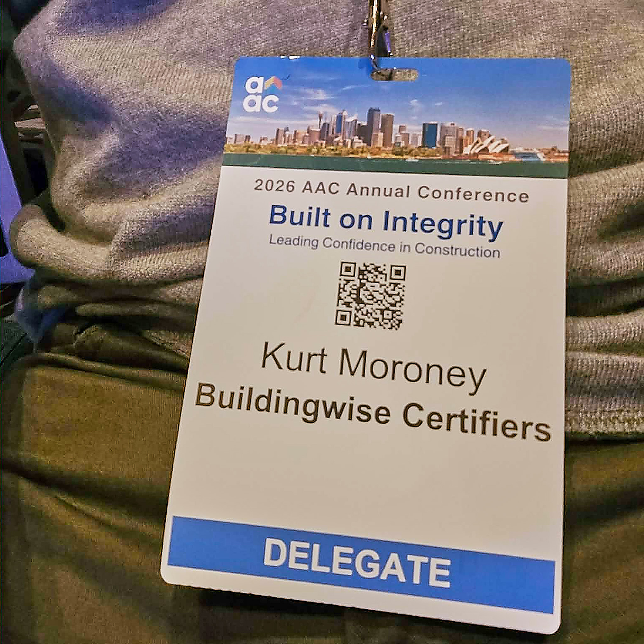 A close-up of Kurt's delegate pass for the AAC conference whilst attending a private certifier industry event in Sydney NSW