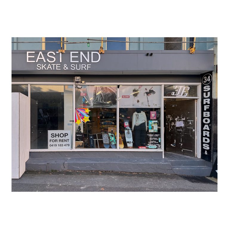 Front view of the reopened East End Skate & Surf shop, Newcastle NSW, after part Occupational Certificate. 