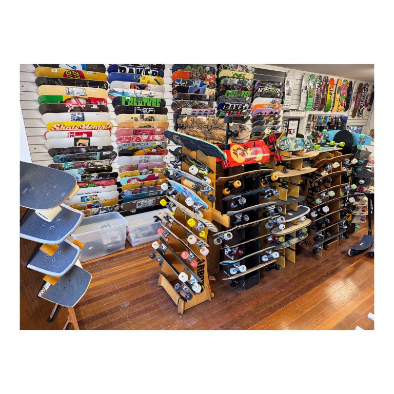 View from inside the front door of front retail space and products of the reopened East End Skate & Surf shop, Newcastle NSW, after part Occupational Certificate. 
