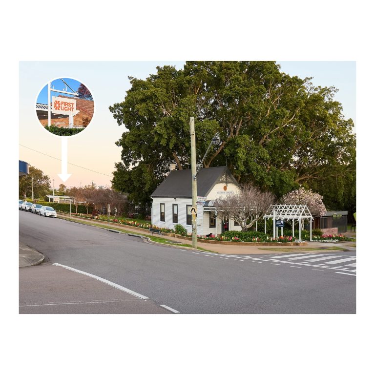 Street view in Lambton showing the historic Lambton Library building in the foreground, with an inset image showing the First Light cafe signage above a hedge.