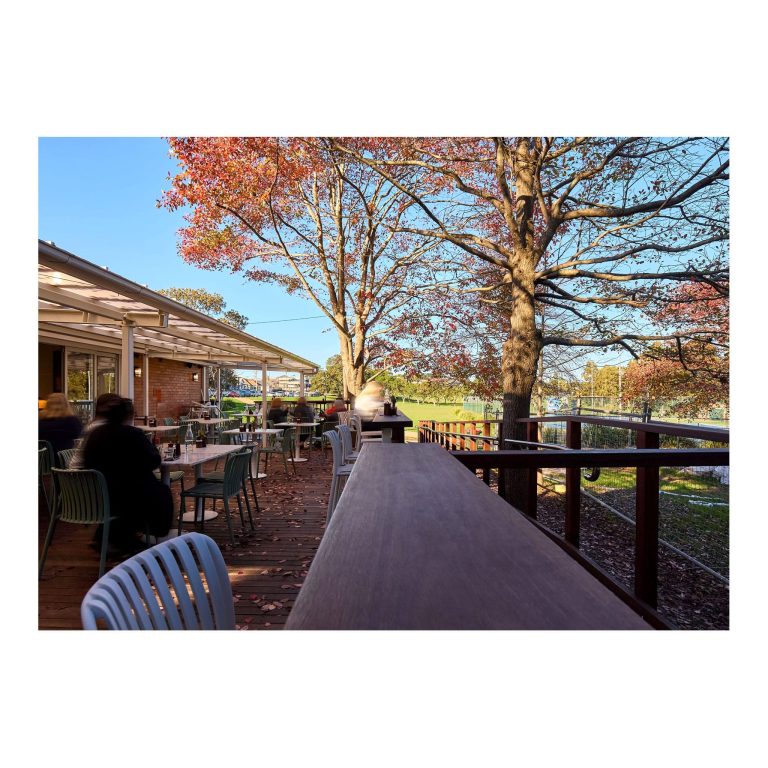 Angle view down the elevated timber deck and bar counter at First Light Lambton, showing patrons dining under autumn trees with a wheelchair ramp visible in the background.